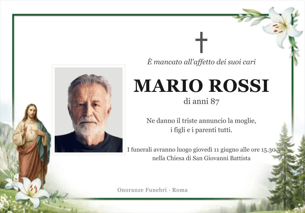 Facsimile di manifesto funebre creato con Giotto: sfondo della libreria, ritratto, nome ed età del defunto, annuncio dei funerali e firma dell'impresa funebre
