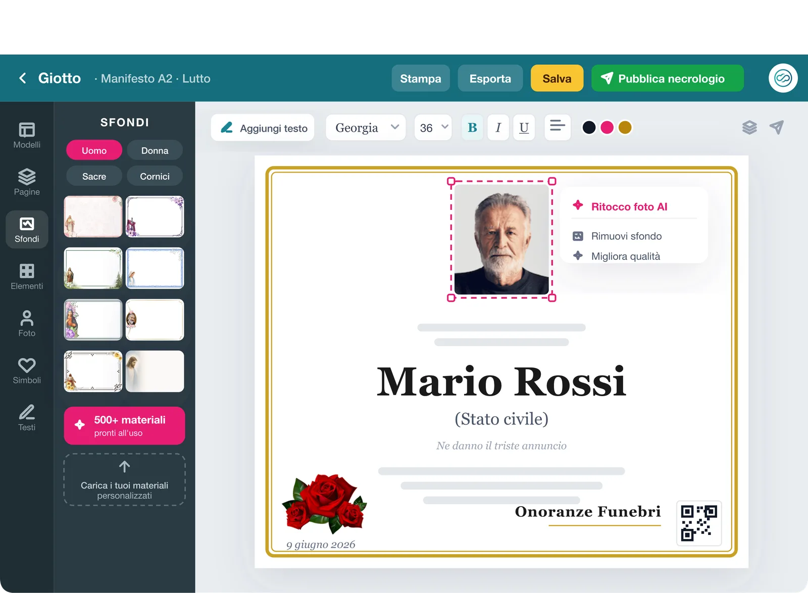 L'editor grafico Giotto aperto su un manifesto funebre: menu laterale con modelli, sfondi, elementi, simboli e testi, libreria di sfondi per categoria e pannello del ritocco foto con l'AI