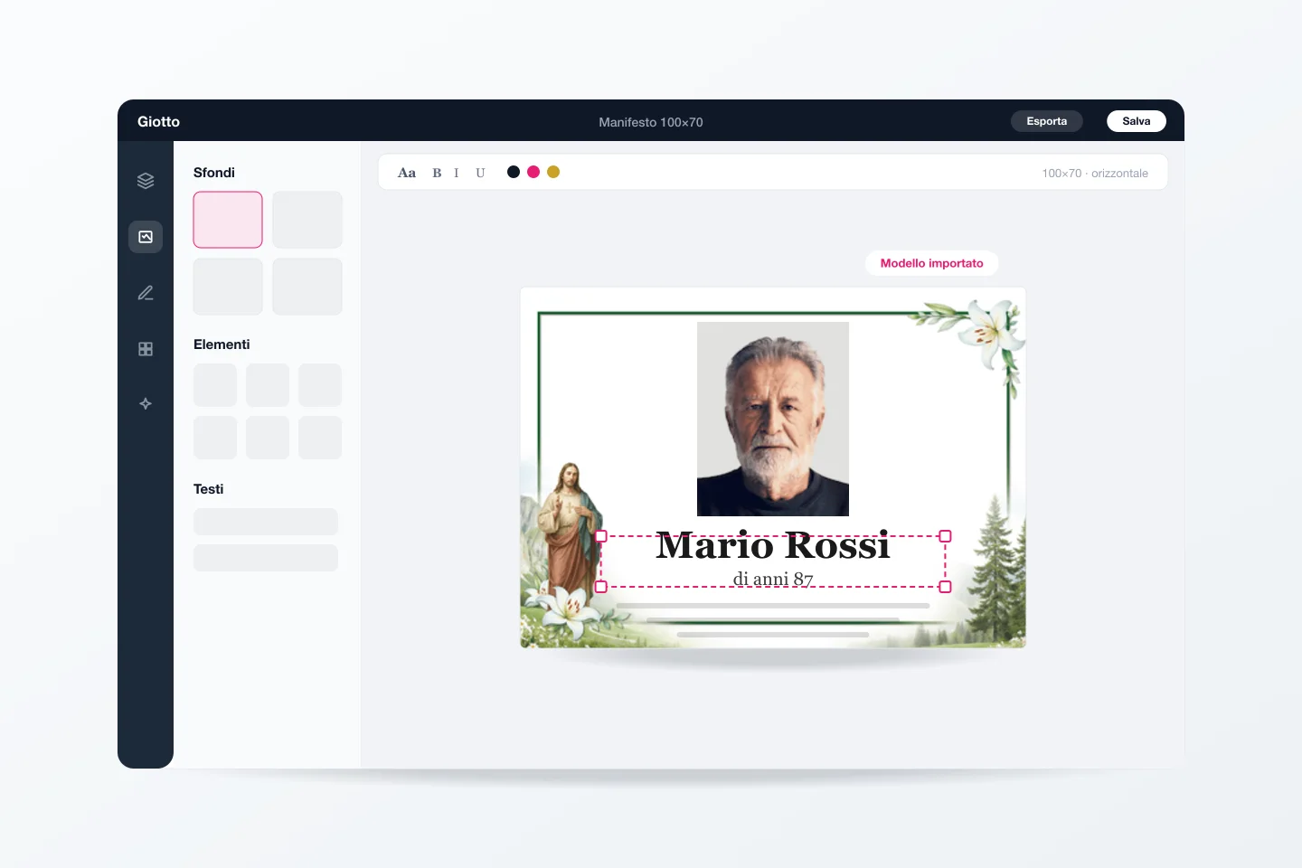 Il modello importato aperto nell'editor Giotto: manifesto orizzontale con sfondo della libreria, ritratto e testo selezionabile con le maniglie