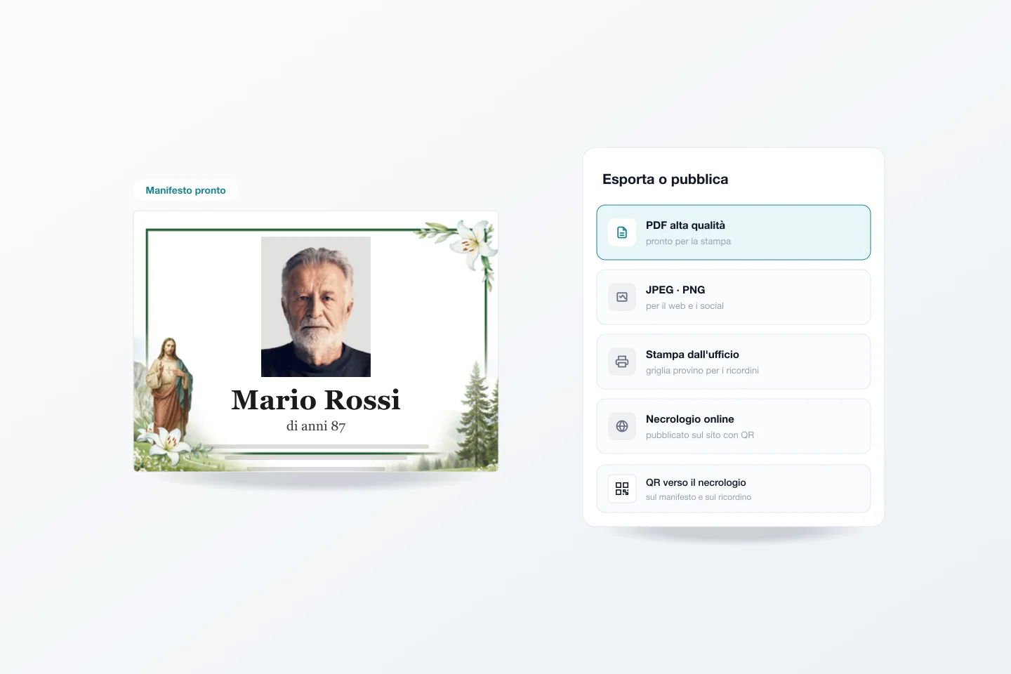 Il manifesto pronto e il pannello di esportazione di Giotto: PDF ad alta qualità, JPEG e PNG, stampa dall'ufficio e necrologio online con QR code