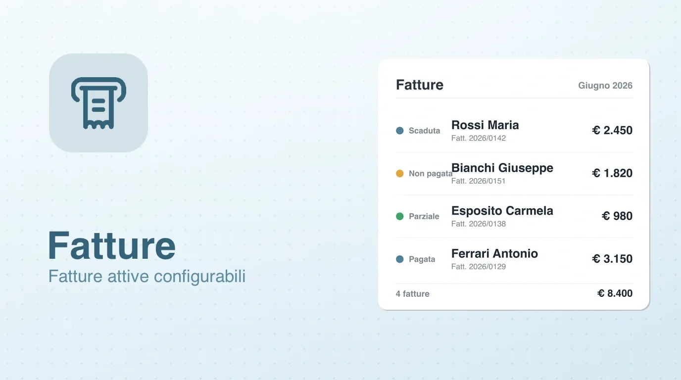 Widget Fatture: elenco delle fatture attive con cliente, stato e importo