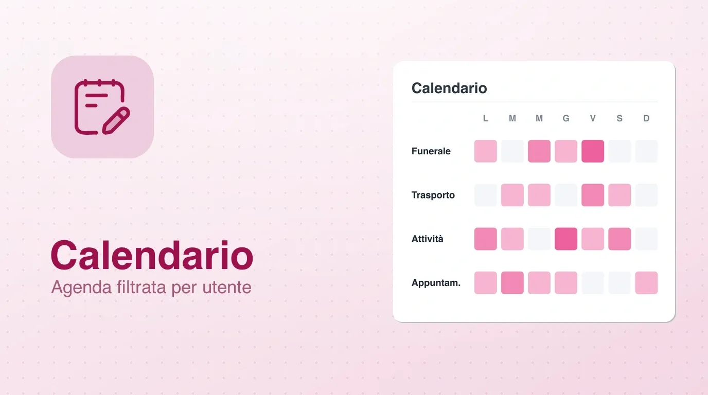 Widget Calendario personale: agenda filtrata per utente con funerali, trasporti, attività e appuntamenti