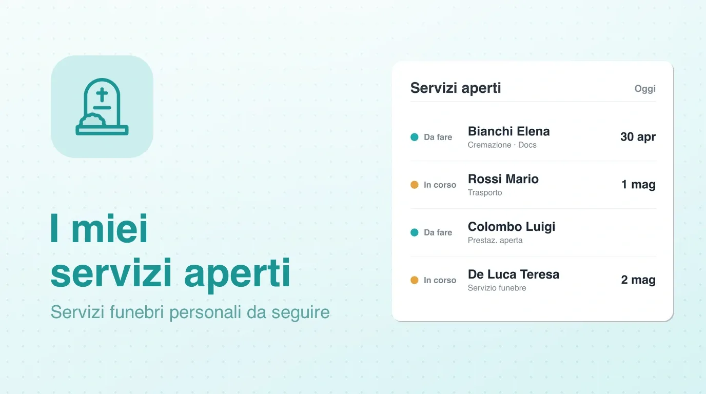Widget I miei servizi aperti: servizi funebri personali da seguire con stato e data