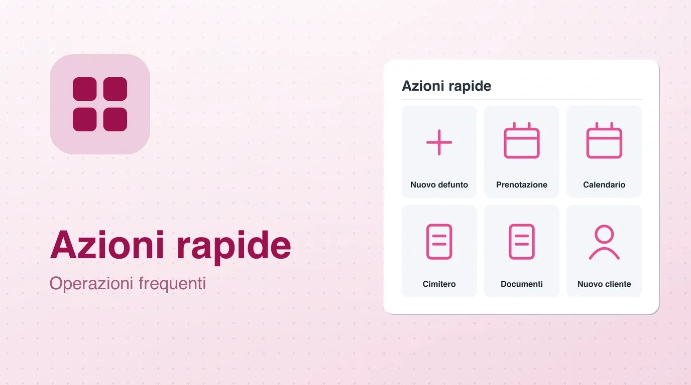 Widget Azioni rapide: scorciatoie a nuovo defunto, prenotazione, calendario, documenti e nuovo cliente