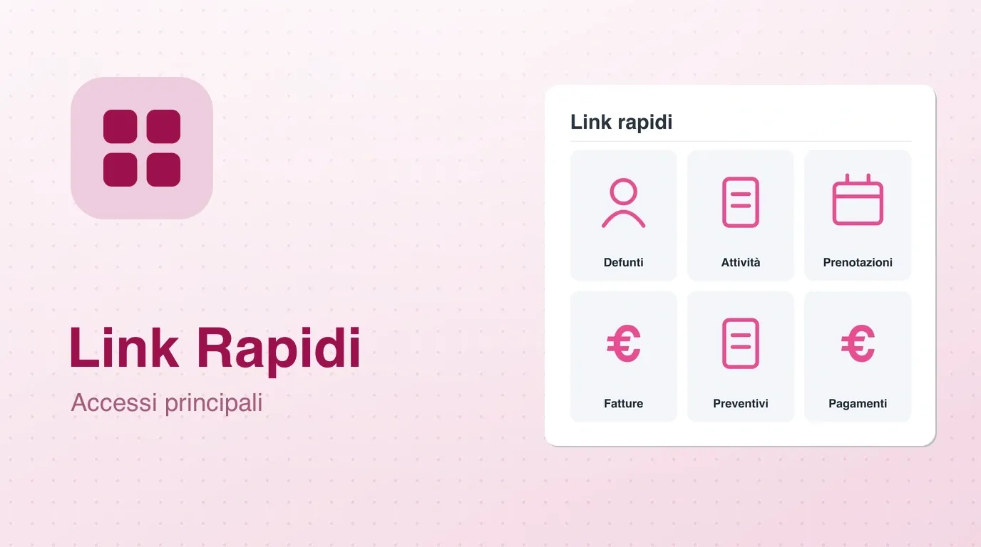 Widget Link rapidi: accessi a defunti, attività, calendario, fatture, preventivi e pagamenti