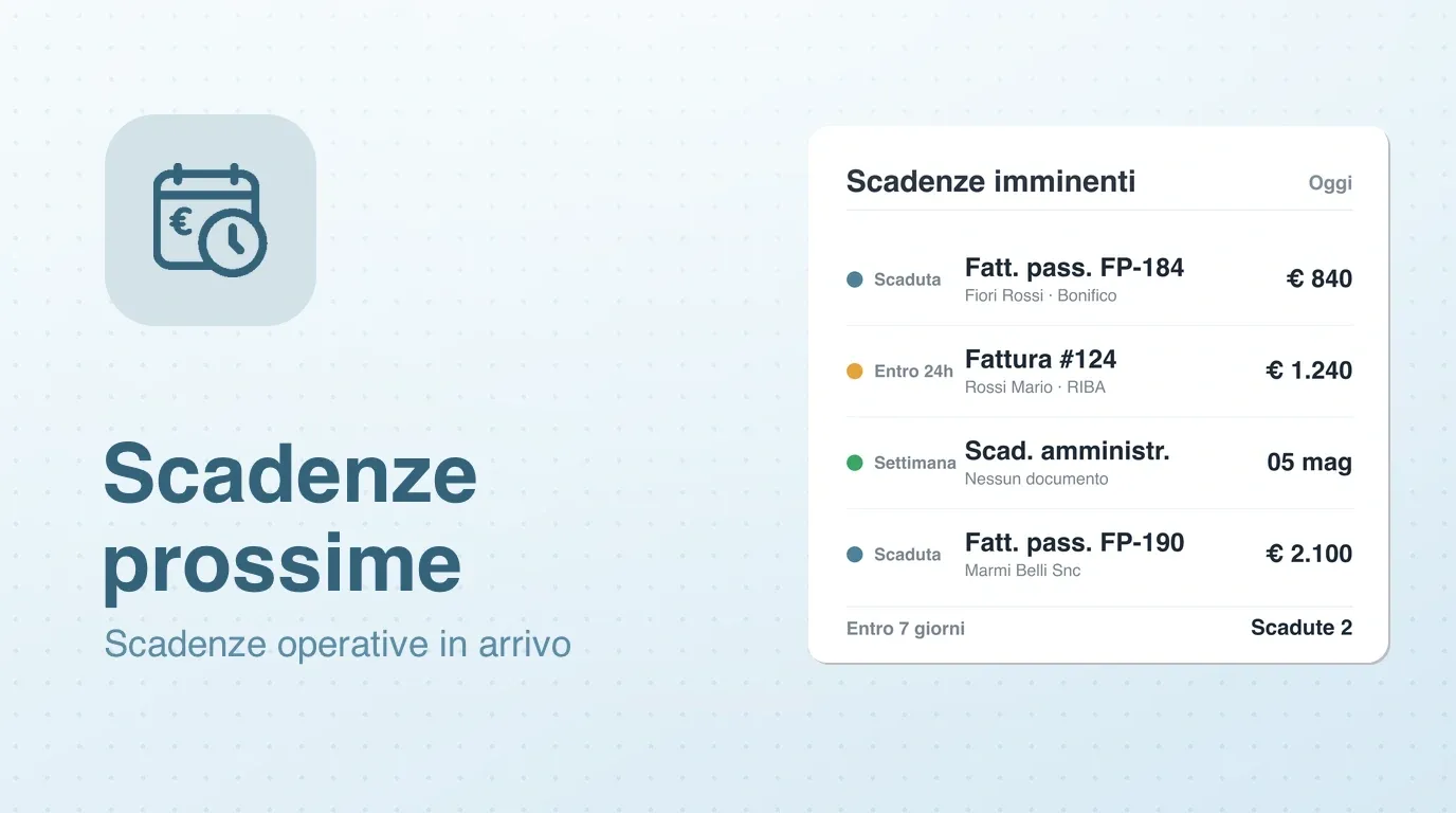 Widget Scadenze prossime: scadenze di incasso e pagamento in arrivo con stato, controparte e importo