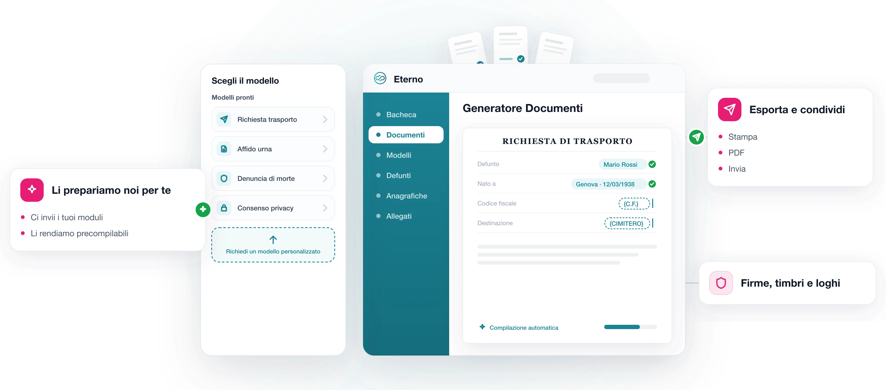 Modulo Generatore Documenti di Eterno: scegli il modello, il documento si auto-compila dai dati, esporta e condividi (stampa, PDF, invia); i modelli li digitalizziamo noi su misura