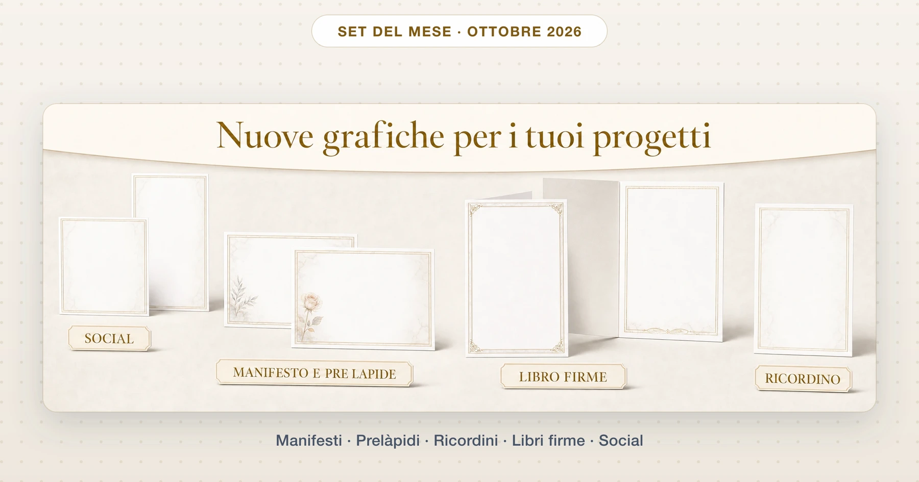 Set del mese di ottobre 2026: grafiche funebri coordinate Giotto avorio effetto marmo con cornici dorate e fregi in oro — manifesto, prelàpide, ricordino, libro firme e post per i social