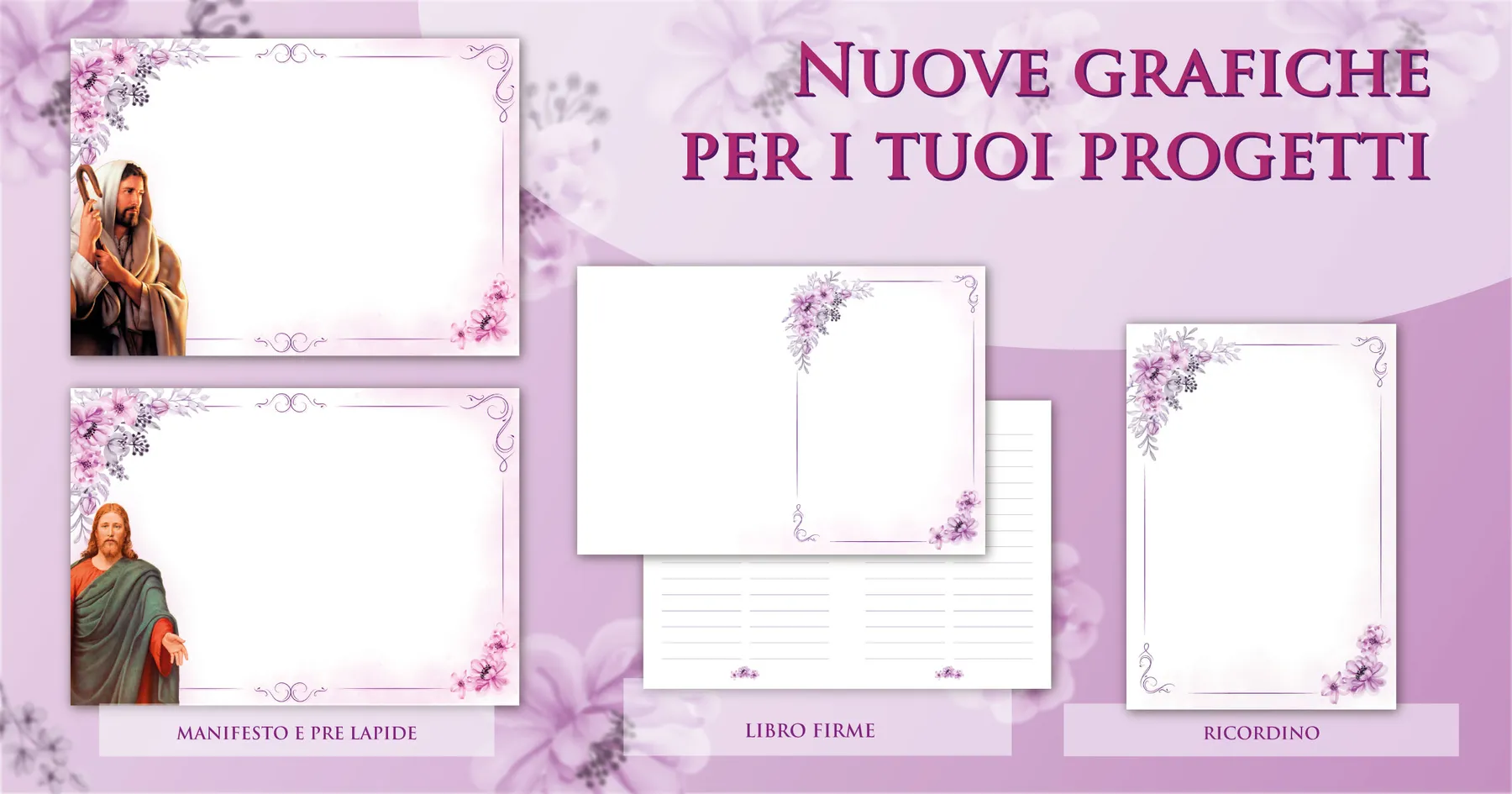 Materiali commemorativi coordinati Giotto a tema lilla tenue: manifesto, ricordino, prelàpide, libro firme e contenuti social