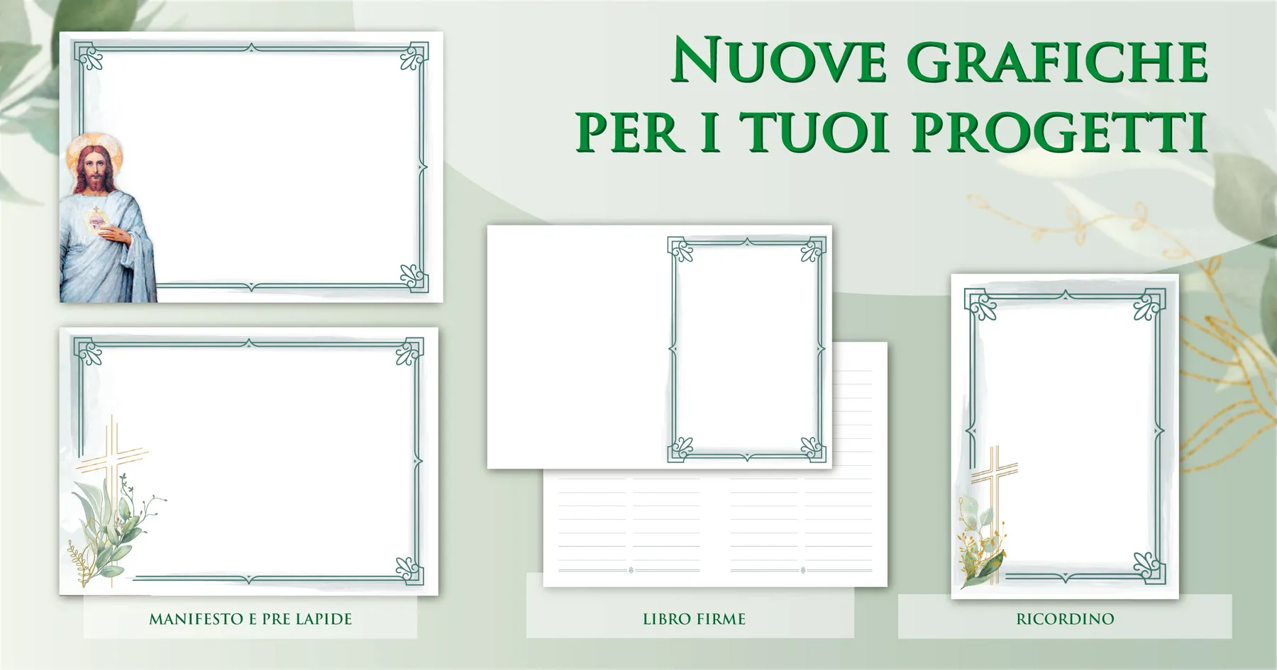 Sfondi e cornici per manifesti funebri Giotto in tonalità verde salvia tenue: prelàpidi, ricordini, libri firme e grafiche social