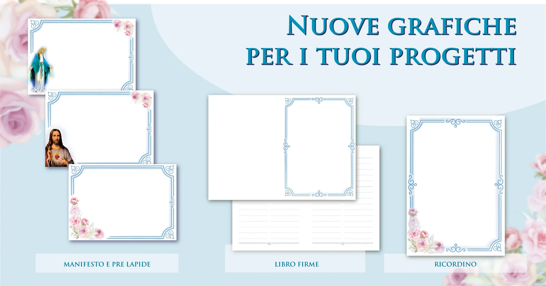Set di grafiche funebri coordinate Giotto a tema verde acqua: manifesto, prelàpide, ricordino, libro firme e post per i social
