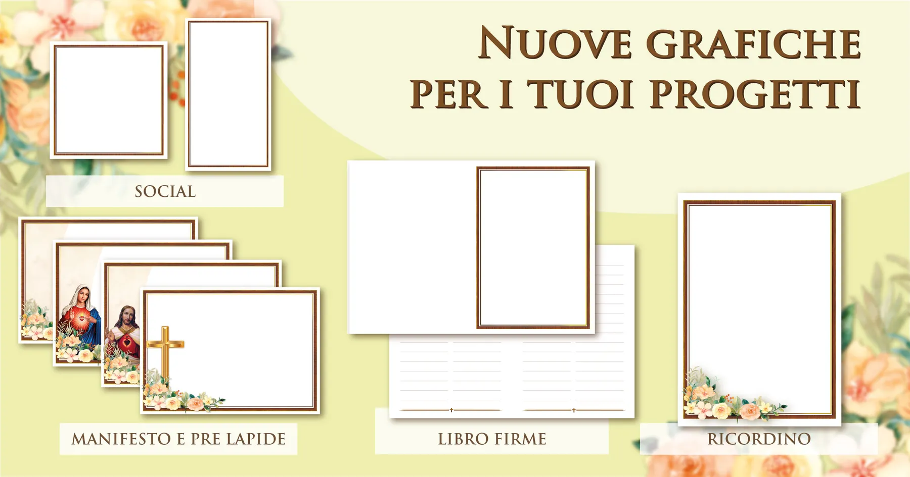 Grafiche funebri pronte Giotto a tema ambra dorata: manifesti, prelàpidi, ricordini, libri firme e contenuti per i social
