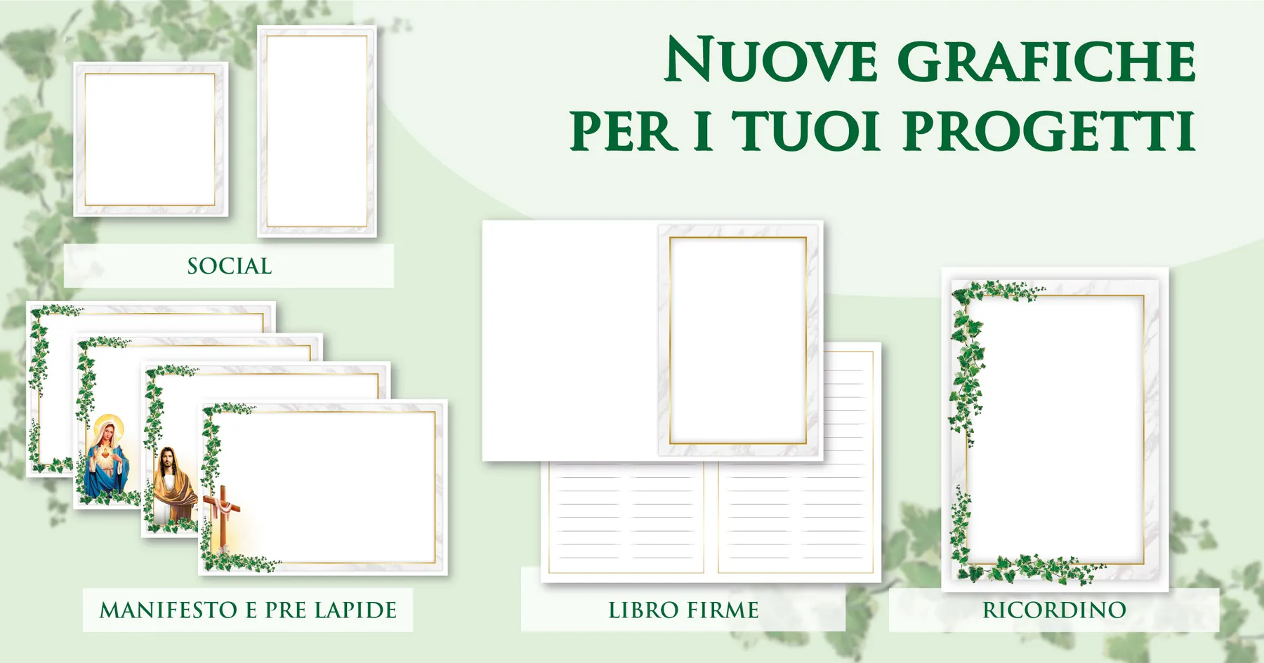 Set mensile di sfondi e cornici Giotto in tonalità verde salvia per manifesti, prelàpidi, ricordini, libri firme e post social