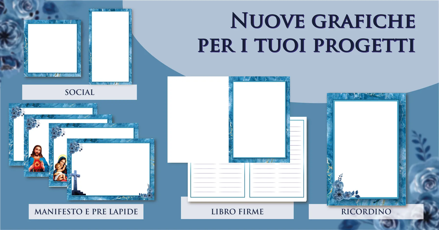 Materiali commemorativi coordinati Giotto a tema verde acqua: manifesto, ricordino, prelàpide, libro firme e contenuti social