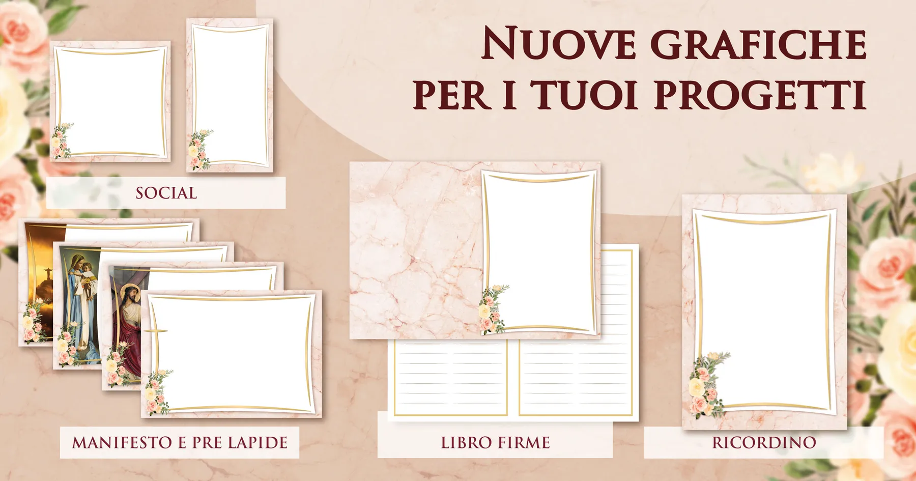 Set mensile di sfondi e cornici Giotto in tonalità pesca per manifesti, prelàpidi, ricordini, libri firme e post social