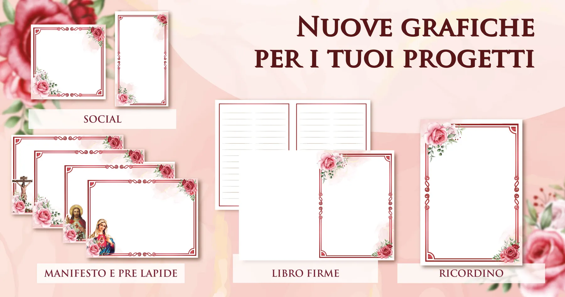 Grafiche funebri pronte Giotto a tema pesca: manifesti, prelàpidi, ricordini, libri firme e contenuti per i social