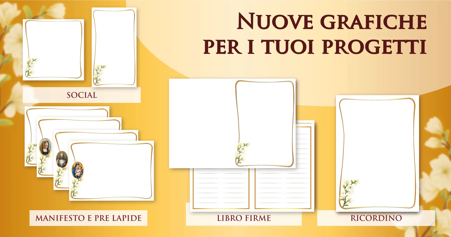Set mensile di sfondi e cornici Giotto in tonalità ambra dorata intenso per manifesti, prelàpidi, ricordini, libri firme e post social — set di maggio 2022