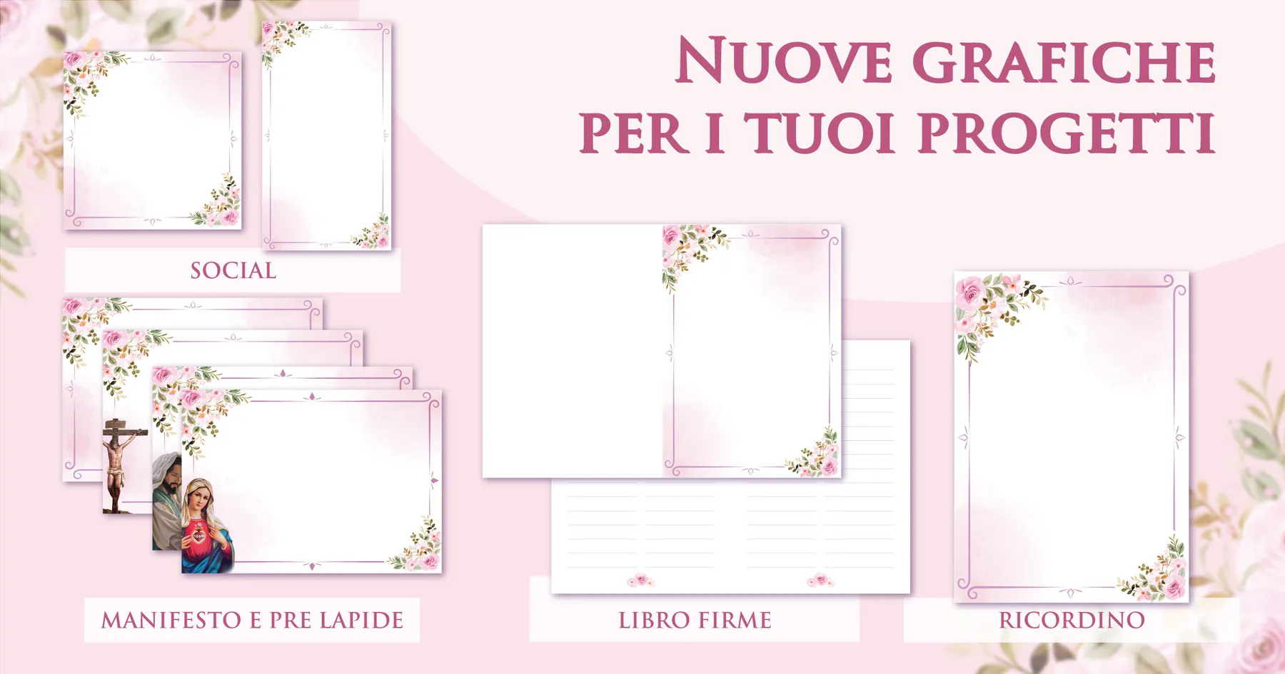Materiali commemorativi coordinati Giotto a tema rosa cipria: manifesto, ricordino, prelàpide, libro firme e contenuti social