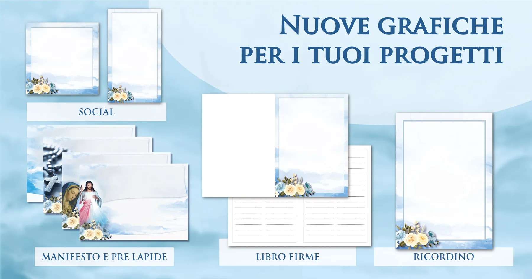 Sfondi e cornici per manifesti funebri Giotto in tonalità verde acqua: prelàpidi, ricordini, libri firme e grafiche social