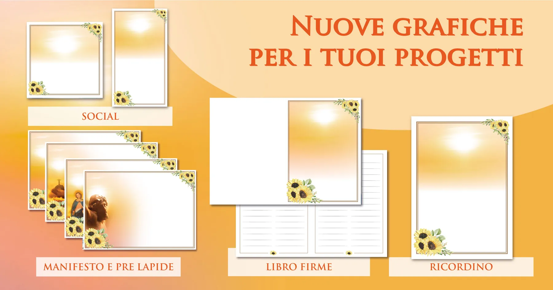 Set di grafiche funebri coordinate Giotto a tema ambra dorata intenso: manifesto, prelàpide, ricordino, libro firme e post per i social