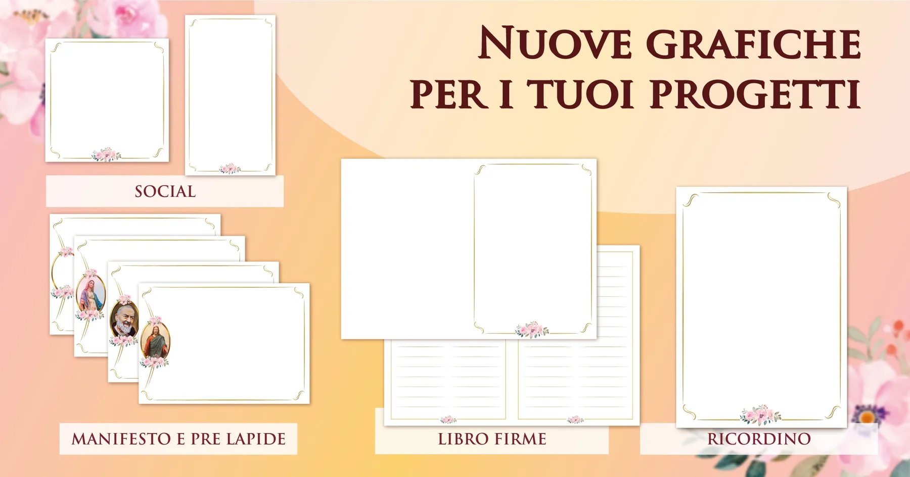 Grafiche funebri pronte Giotto a tema ambra dorata intenso: manifesti, prelàpidi, ricordini, libri firme e contenuti per i social
