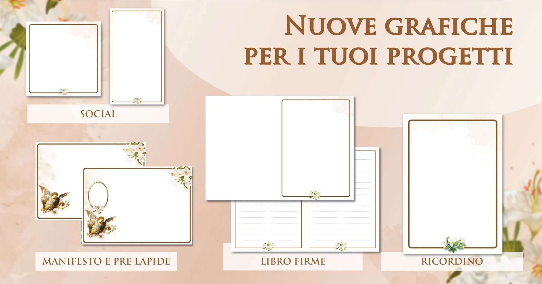 Sfondi e cornici per manifesti funebri Giotto in tonalità avorio e oro, versione adulto a tema giglio: prelàpidi, ricordini, libri firme e grafiche social