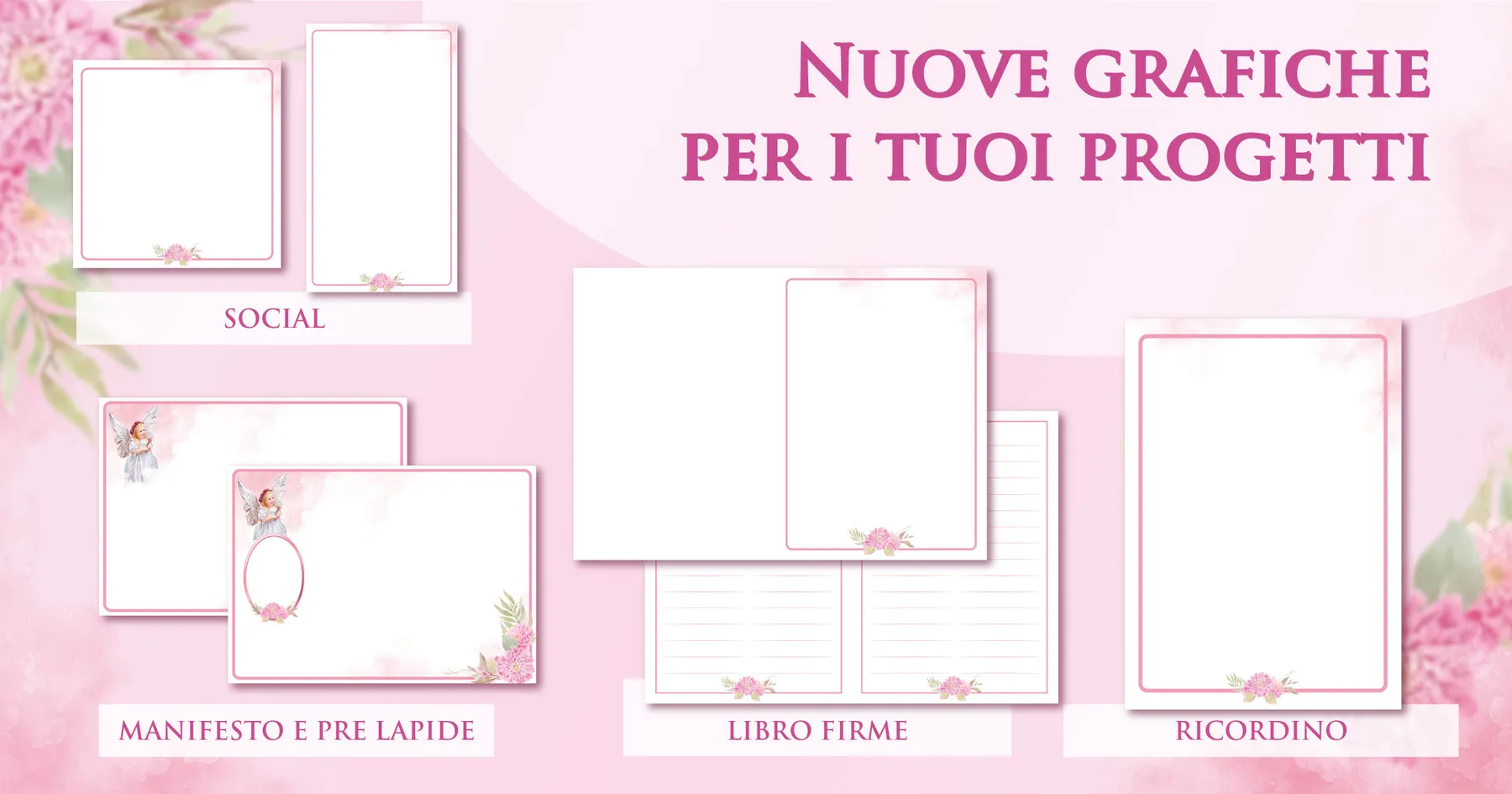 Materiali commemorativi coordinati Giotto a tema rosa, versione bambina: manifesto, ricordino, prelàpide, libro firme e contenuti social