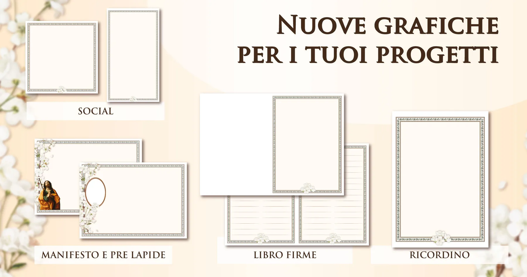 Sfondi e cornici per manifesti funebri Giotto in tonalità ambra dorata: prelàpidi, ricordini, libri firme e grafiche social
