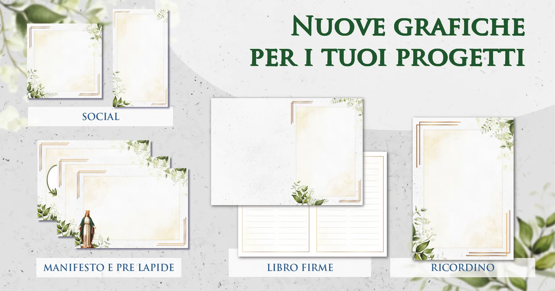 Grafiche funebri pronte Giotto a tema verde tenue: manifesti, prelàpidi, ricordini, libri firme e contenuti per i social