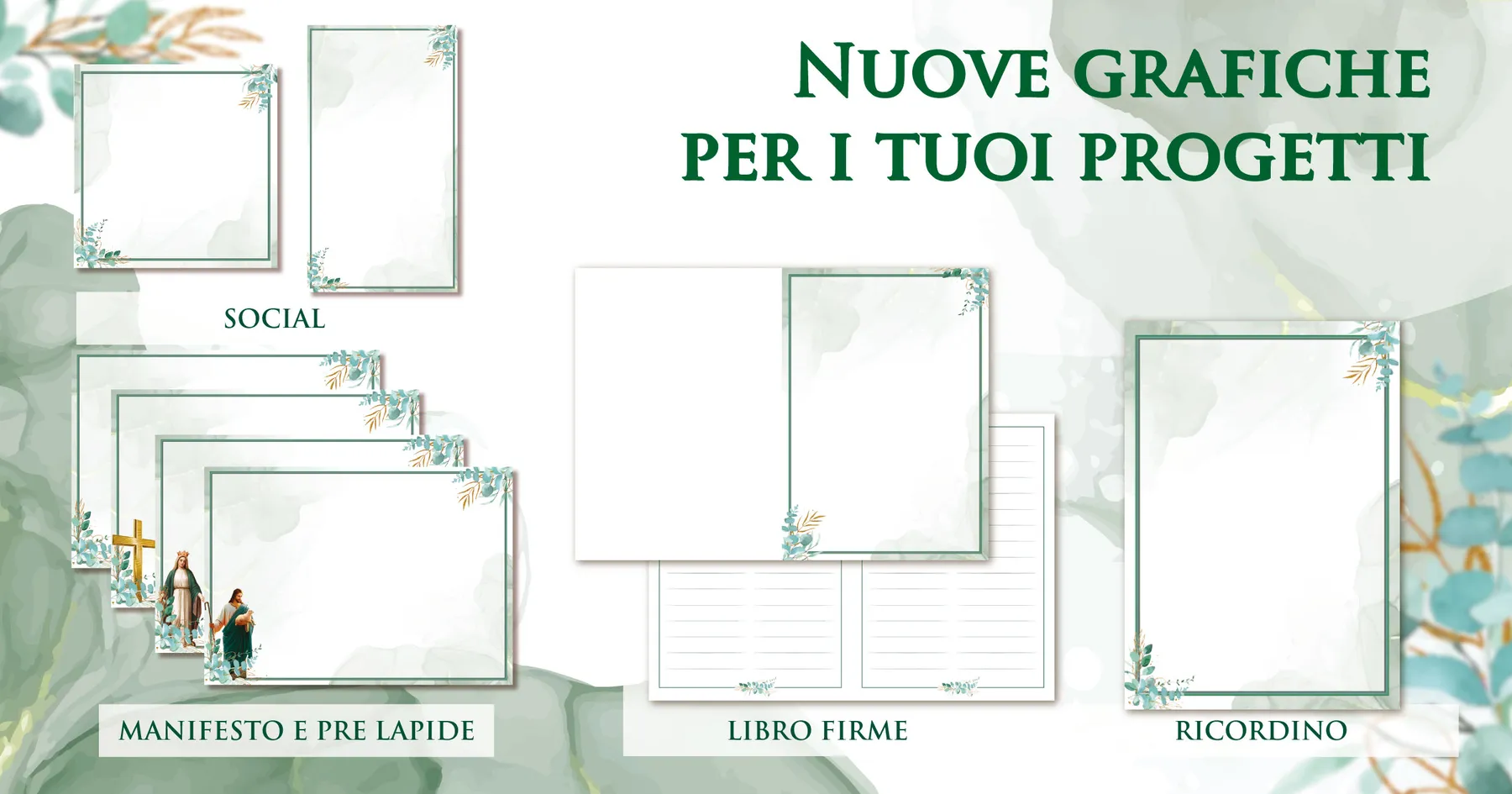 Materiali commemorativi coordinati Giotto a tema verde salvia tenue: manifesto, ricordino, prelàpide, libro firme e contenuti social
