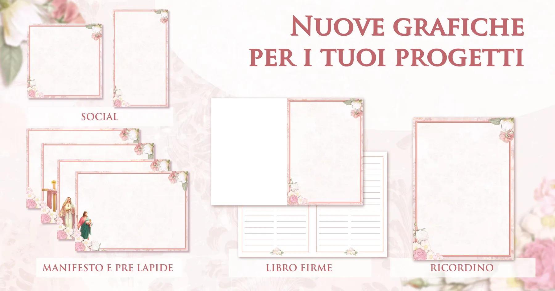 Sfondi e cornici per manifesti funebri Giotto in tonalità pesca: prelàpidi, ricordini, libri firme e grafiche social — set di maggio 2023