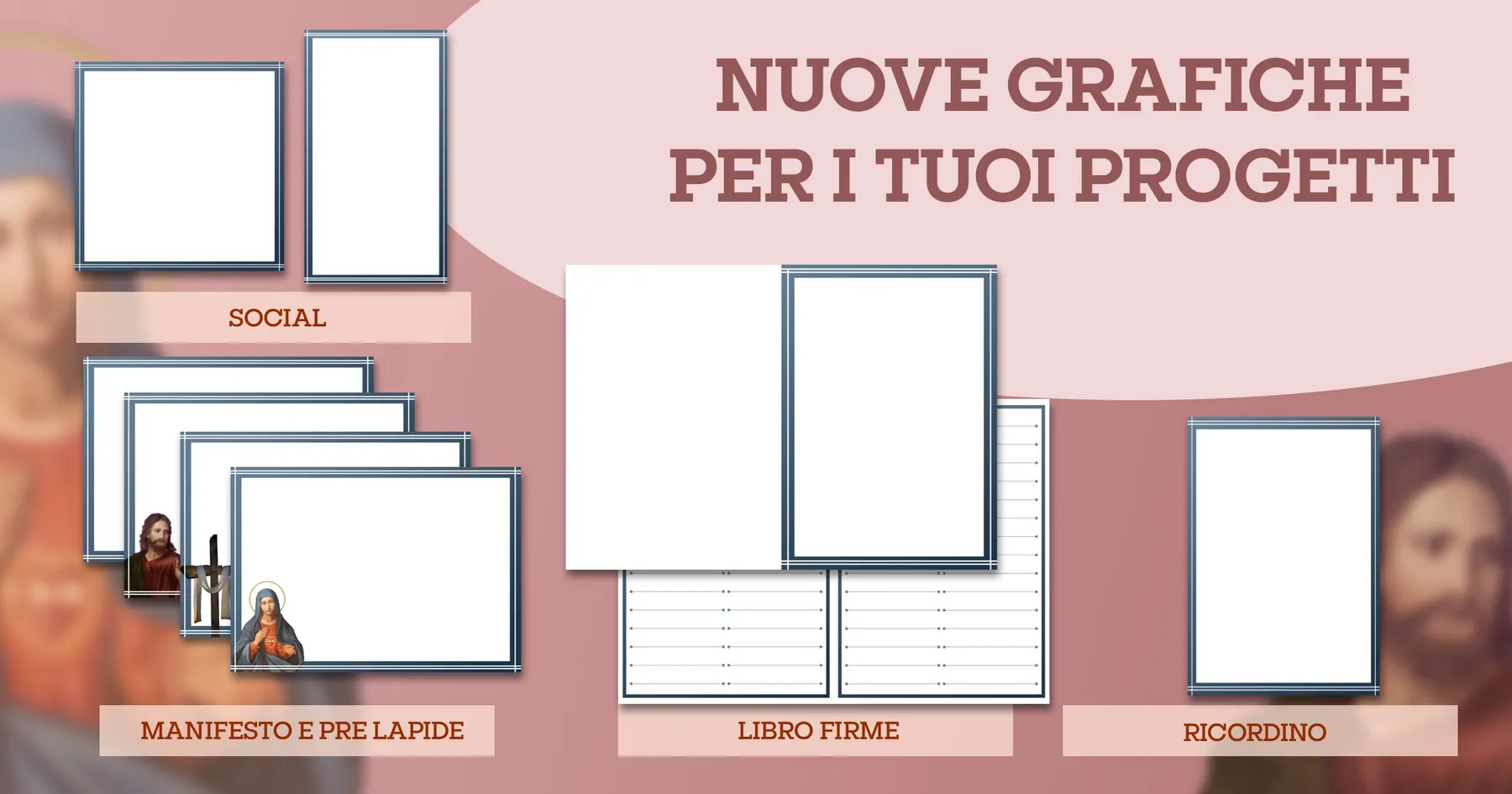 Set di grafiche funebri coordinate Giotto a tema rosa cipria: manifesto, prelàpide, ricordino, libro firme e post per i social — set di giugno 2023