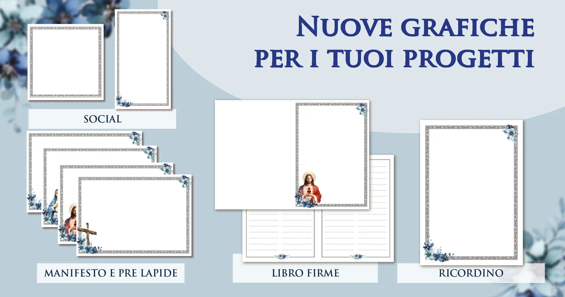 Grafiche funebri pronte Giotto a tema verde acqua tenue: manifesti, prelàpidi, ricordini, libri firme e contenuti per i social — set di luglio 2023