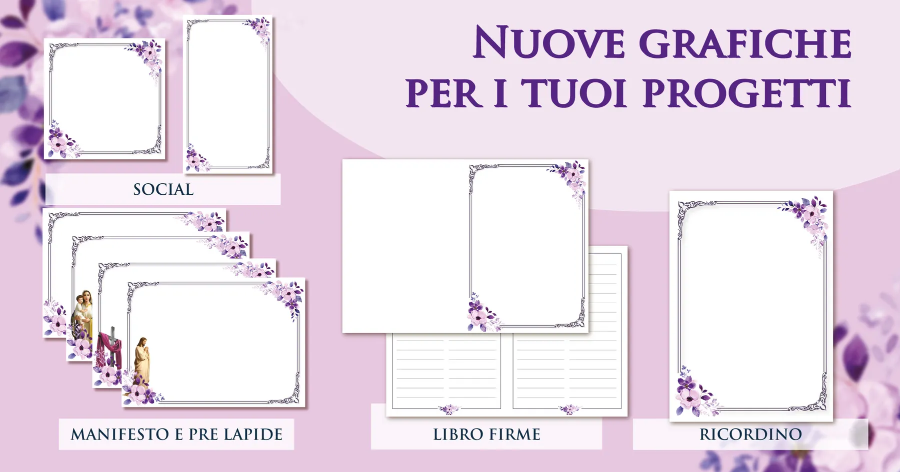 Set mensile di sfondi e cornici Giotto in tonalità lilla per manifesti, prelàpidi, ricordini, libri firme e post social