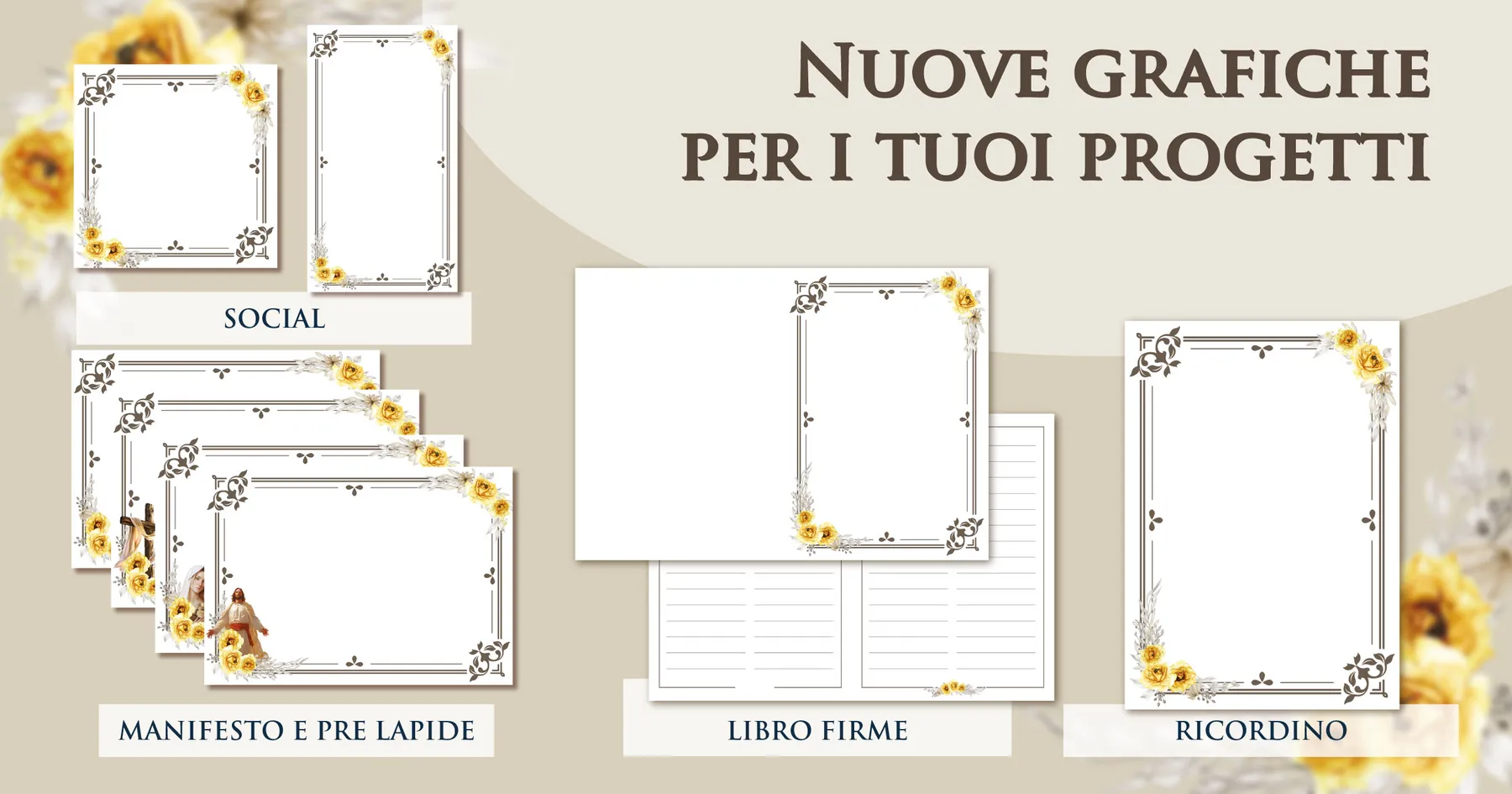 Materiali commemorativi coordinati Giotto a tema ambra dorata tenue: manifesto, ricordino, prelàpide, libro firme e contenuti social