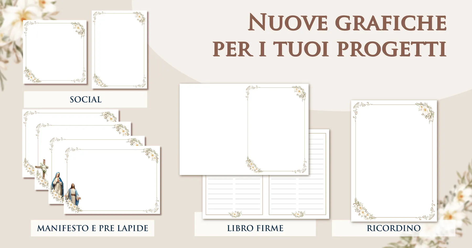 Set di grafiche funebri coordinate Giotto a tema ambra dorata tenue: manifesto, prelàpide, ricordino, libro firme e post per i social