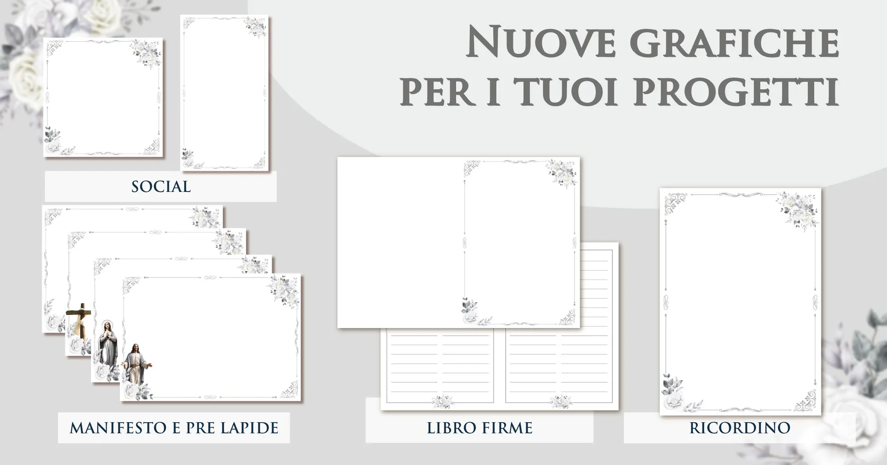 Set di grafiche funebri coordinate Giotto a tema avorio e crema: manifesto, prelàpide, ricordino, libro firme e post per i social