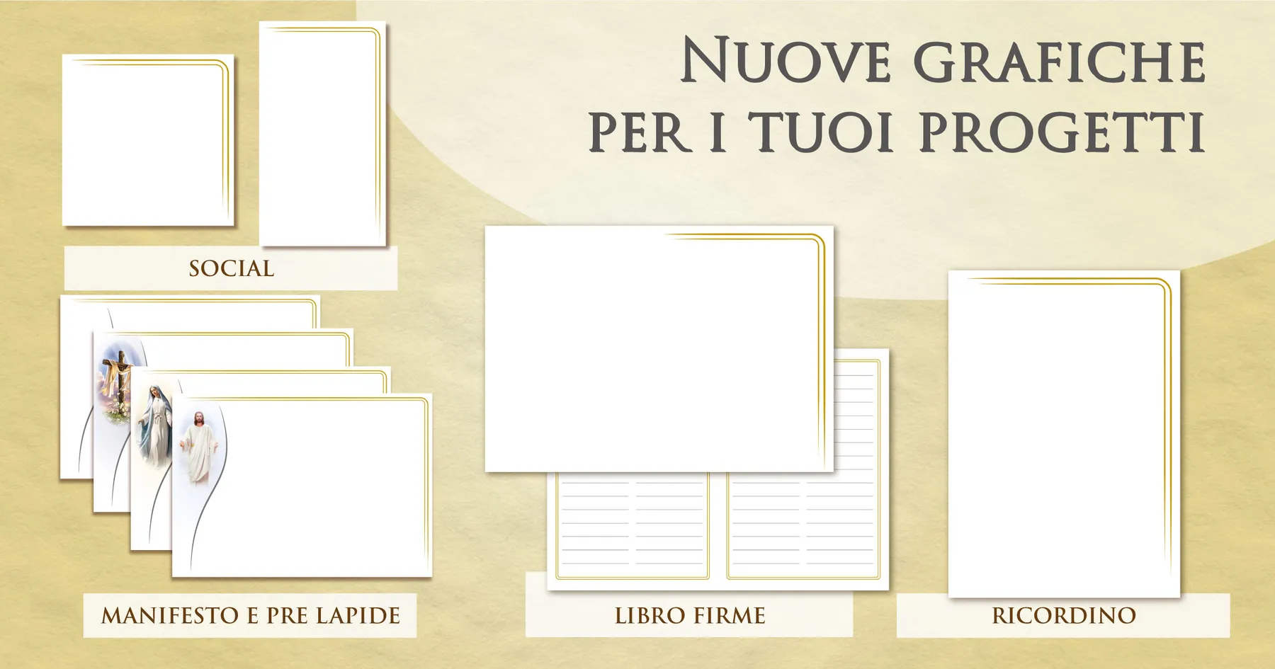 Materiali commemorativi coordinati Giotto a tema ambra dorata: manifesto, ricordino, prelàpide, libro firme e contenuti social — set di aprile 2024