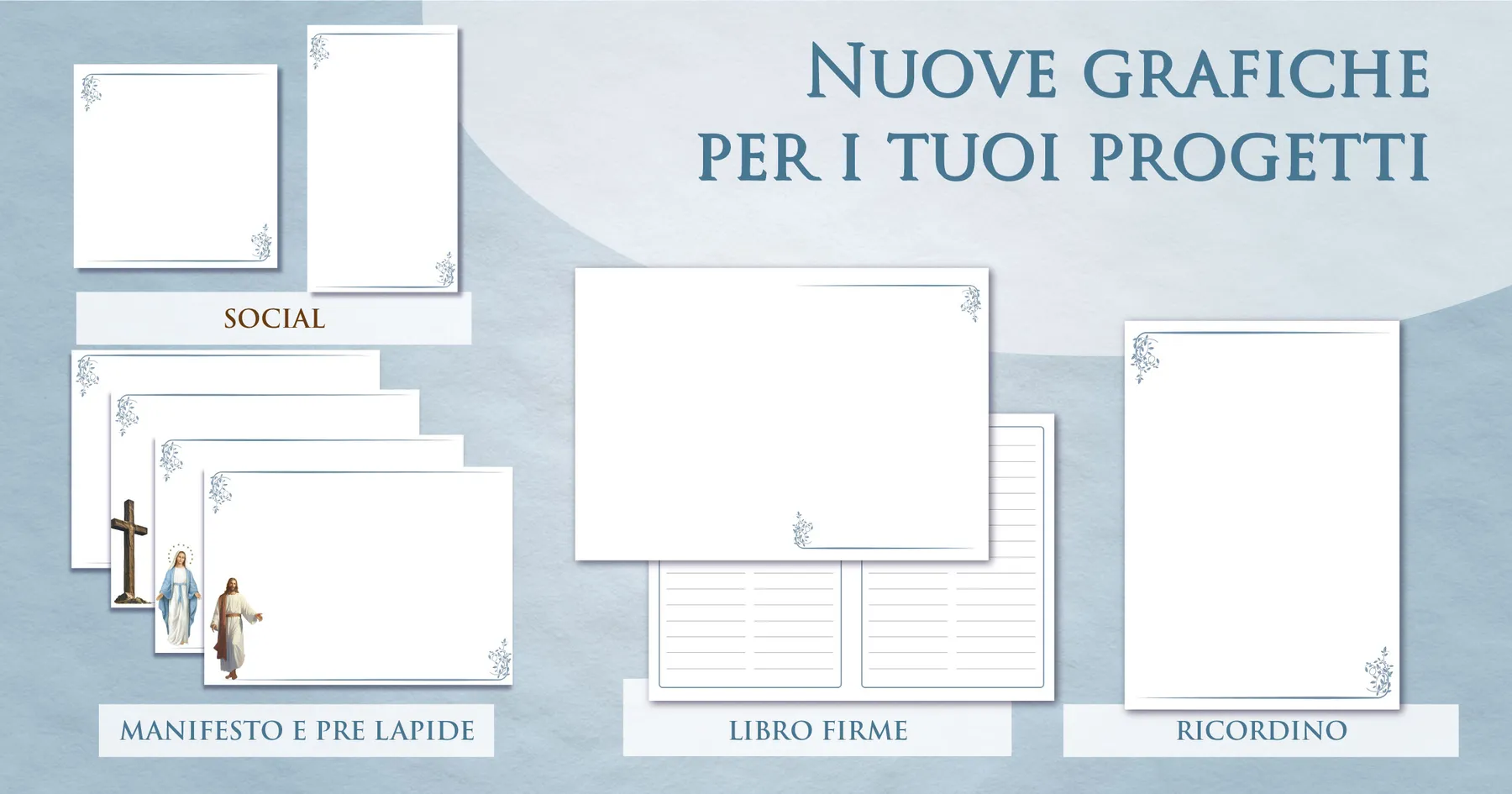 Sfondi e cornici per manifesti funebri Giotto in tonalità verde acqua tenue: prelàpidi, ricordini, libri firme e grafiche social