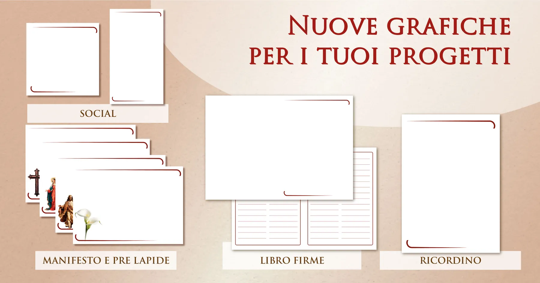 Sfondi e cornici per manifesti funebri Giotto in tonalità pesca: prelàpidi, ricordini, libri firme e grafiche social