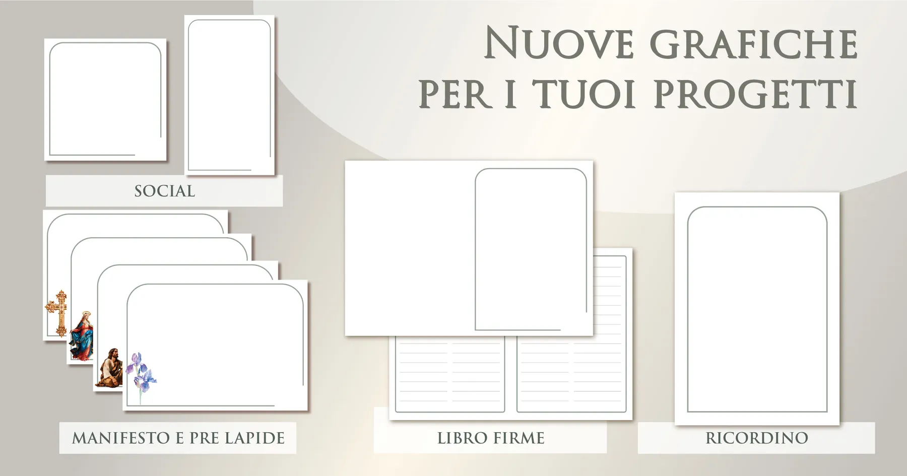 Grafiche funebri pronte Giotto a tema ambra dorata tenue: manifesti, prelàpidi, ricordini, libri firme e contenuti per i social