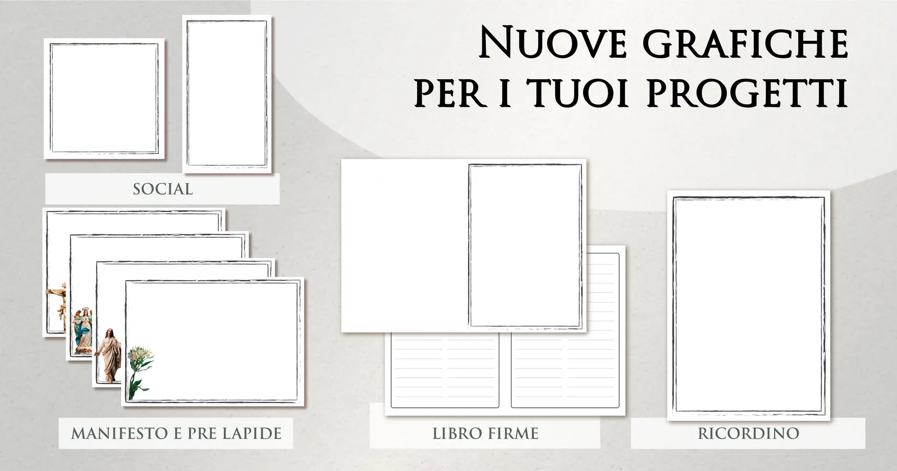 Grafiche funebri pronte Giotto a tema avorio e crema: manifesti, prelàpidi, ricordini, libri firme e contenuti per i social