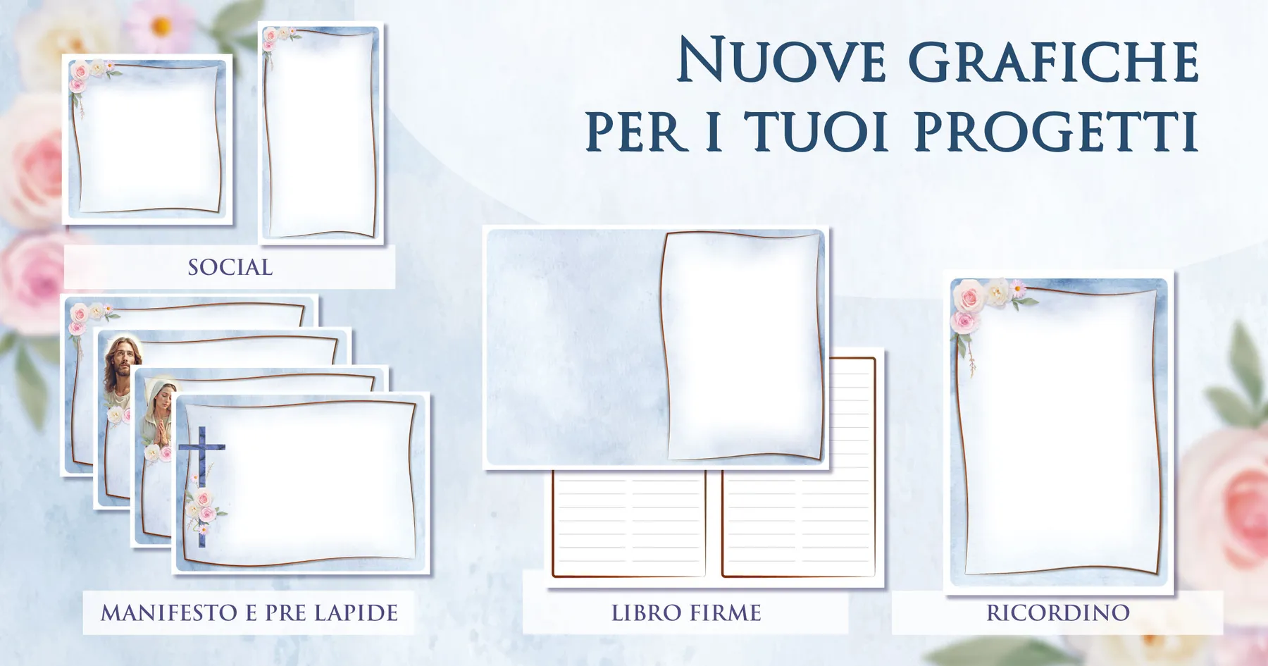 Materiali commemorativi coordinati Giotto a tema azzurro: manifesto, ricordino, prelàpide, libro firme e contenuti social
