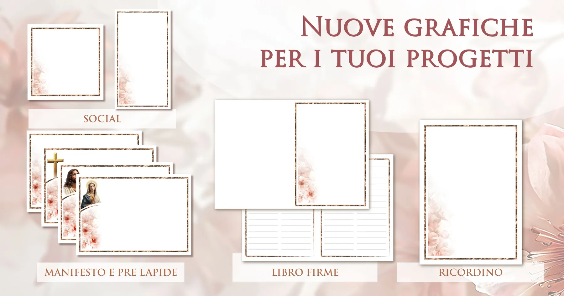 Sfondi e cornici per manifesti funebri Giotto in tonalità pesca: prelàpidi, ricordini, libri firme e grafiche social — set di novembre 2024