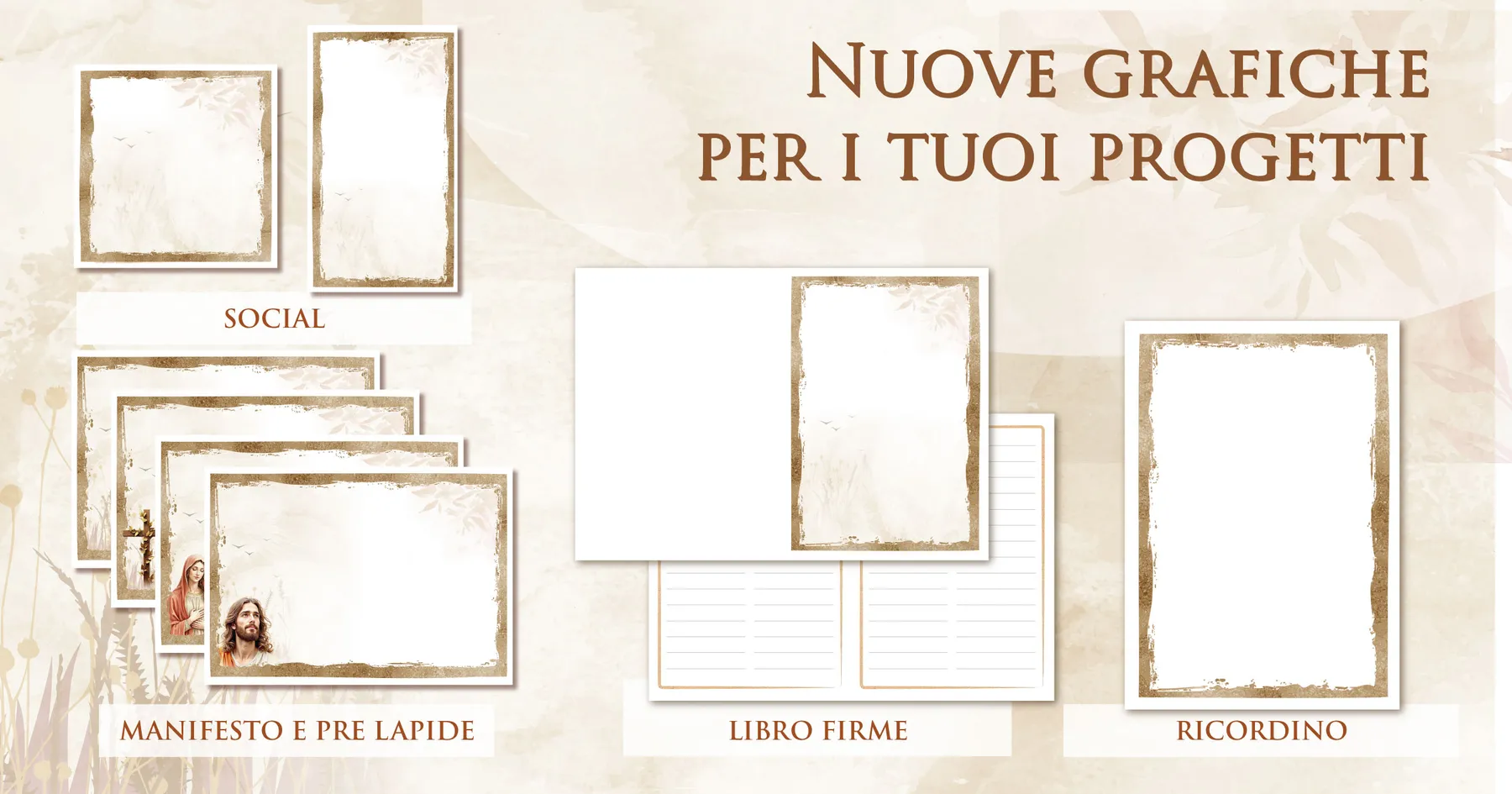 Set di grafiche funebri coordinate Giotto a tema ambra dorata: manifesto, prelàpide, ricordino, libro firme e post per i social
