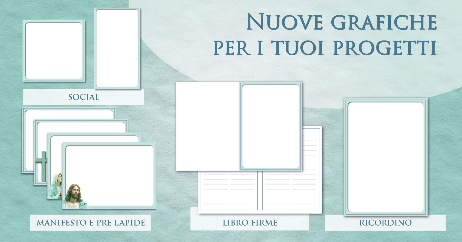 Grafiche funebri pronte Giotto a tema verde acqua tenue: manifesti, prelàpidi, ricordini, libri firme e contenuti per i social