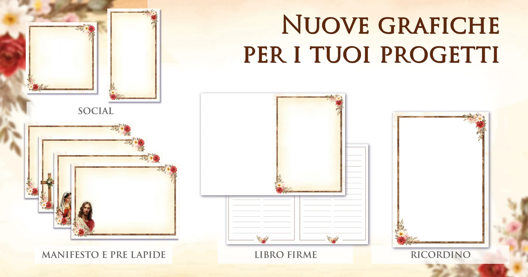 Materiali commemorativi coordinati Giotto a tema ambra dorata: manifesto, ricordino, prelàpide, libro firme e contenuti social