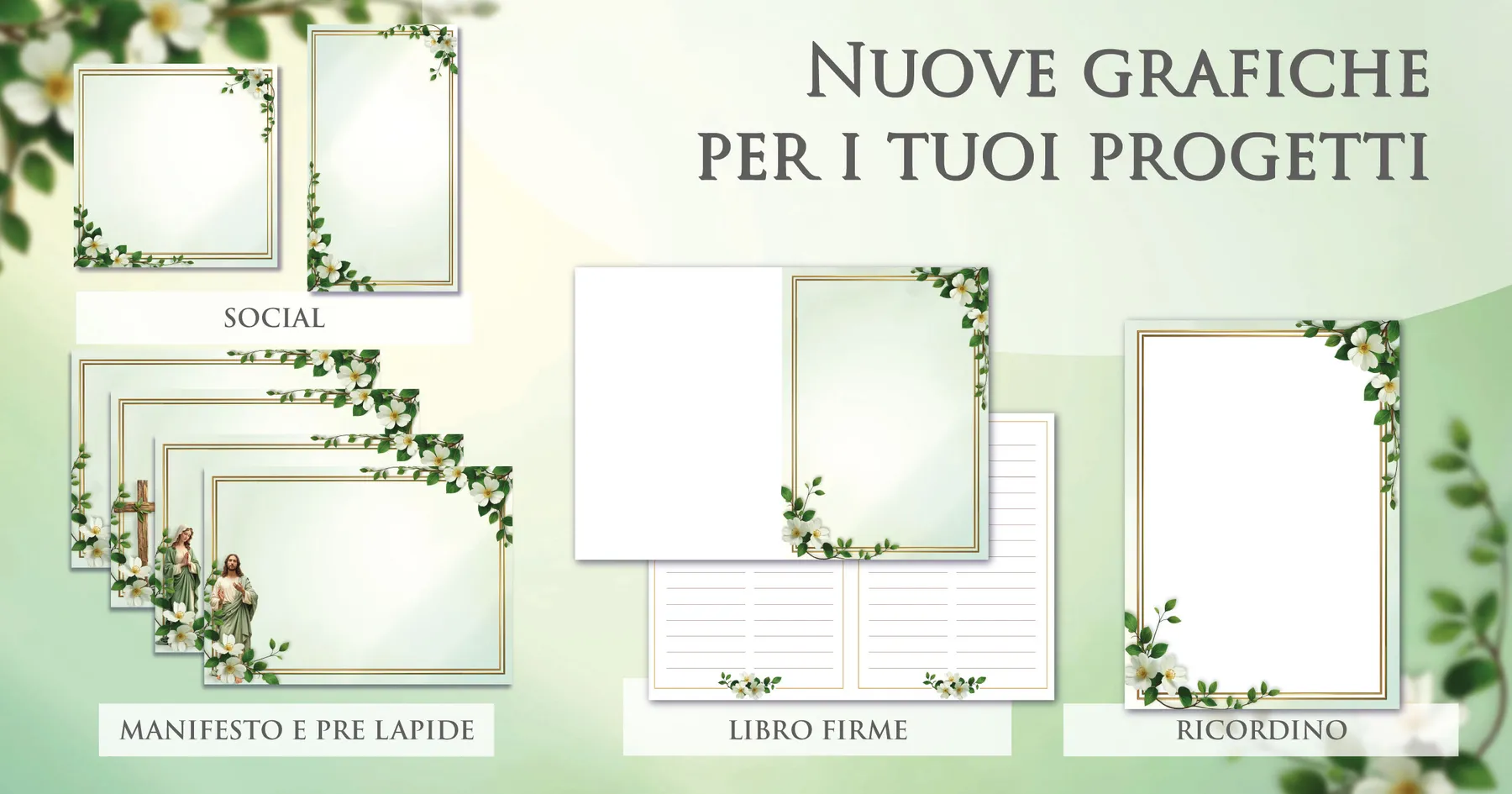 Sfondi e cornici per manifesti funebri Giotto in tonalità verde salvia: prelàpidi, ricordini, libri firme e grafiche social