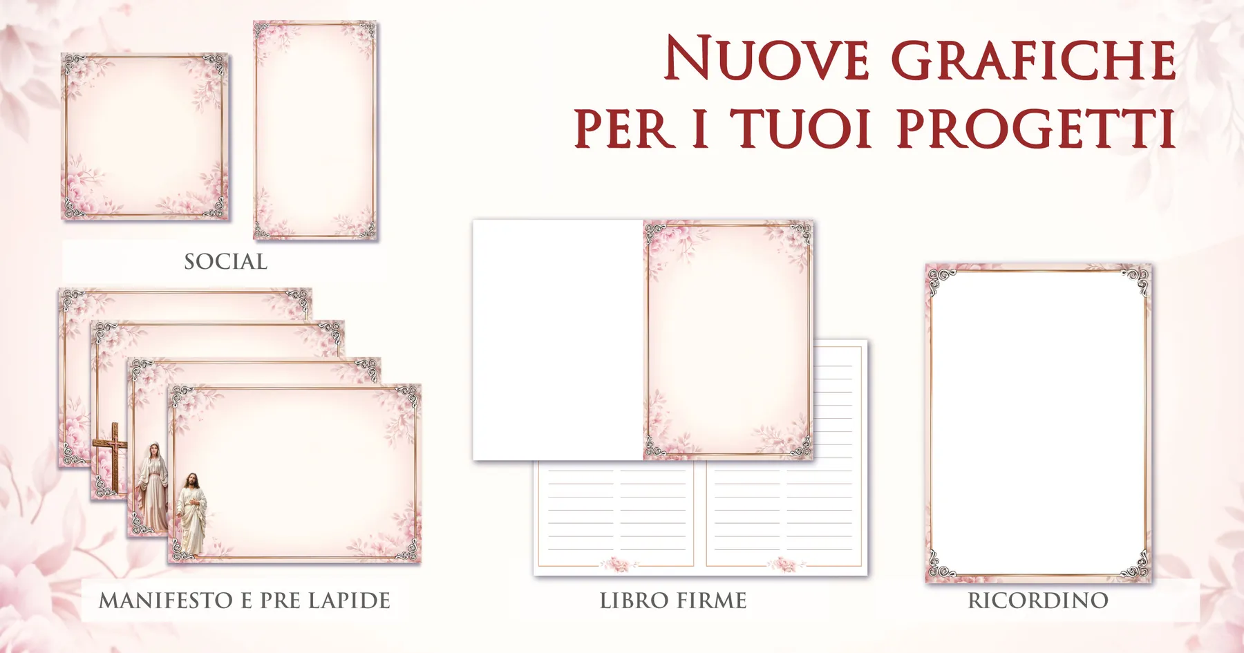 Set di grafiche funebri coordinate Giotto a tema pesca: manifesto, prelàpide, ricordino, libro firme e post per i social