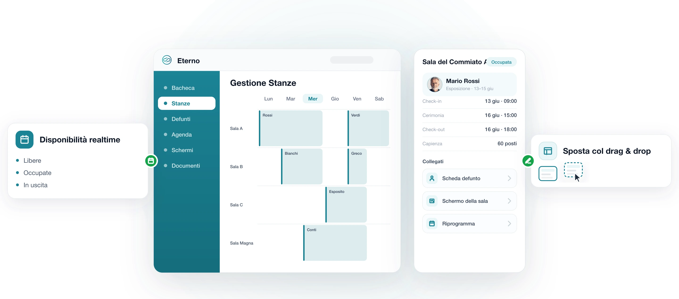 Modulo Stanze Casa Funeraria di Eterno: calendario di booking delle sale del commiato (sale per giorni con prenotazioni multi-giorno), scheda sala con check-in/out e disponibilità in tempo reale